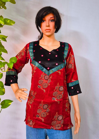 Mashru Silk Maroon Short Kurti