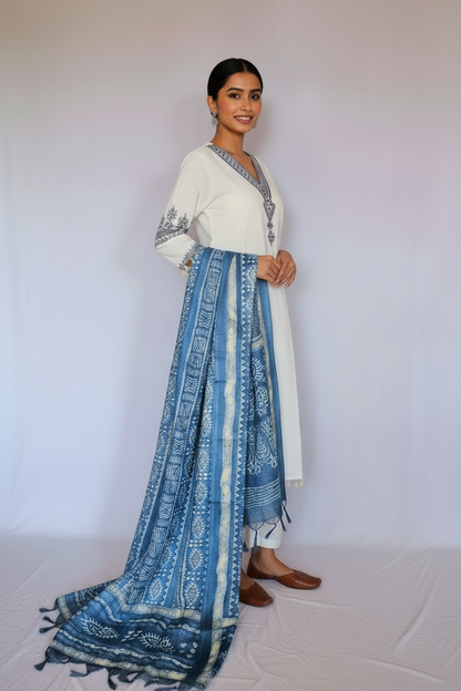 White Cotton Kurta, Pants &  Dupatta set