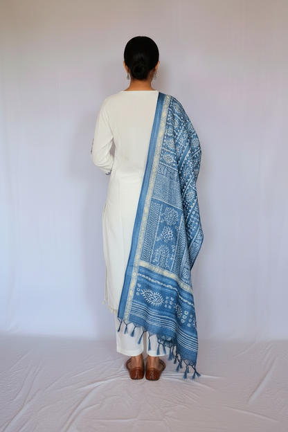 White Cotton Kurta, Pants &  Dupatta set