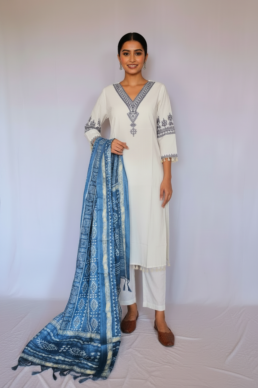 White Cotton Kurta, Pants &  Dupatta set