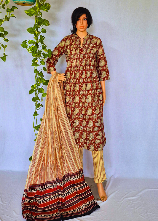 Hand Block Premium Cotton Kurta Pant & Dupatta Set