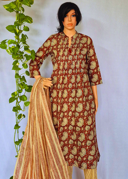 Hand Block Premium Cotton Kurta Pant & Dupatta Set