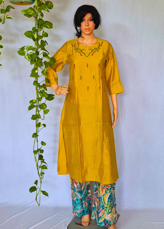 Roman Silk Embroidered Yellow Kurta Pant Set