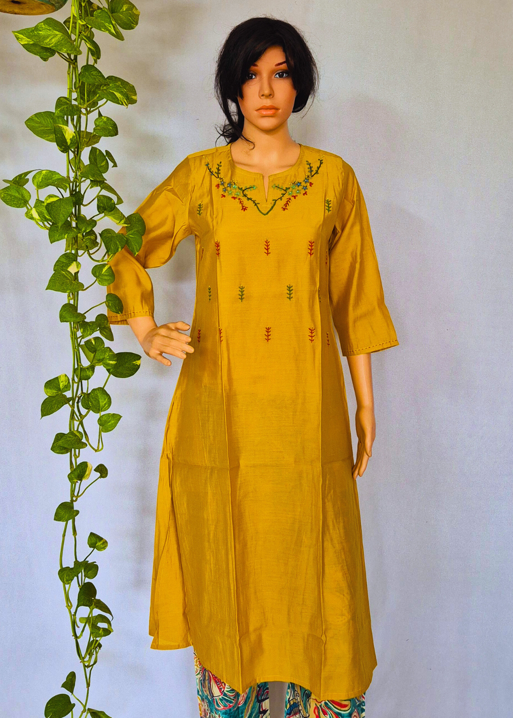 Roman Silk Embroidered Yellow Kurta Pant Set