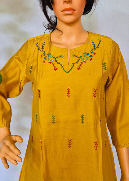 Roman Silk Embroidered Yellow Kurta Pant Set