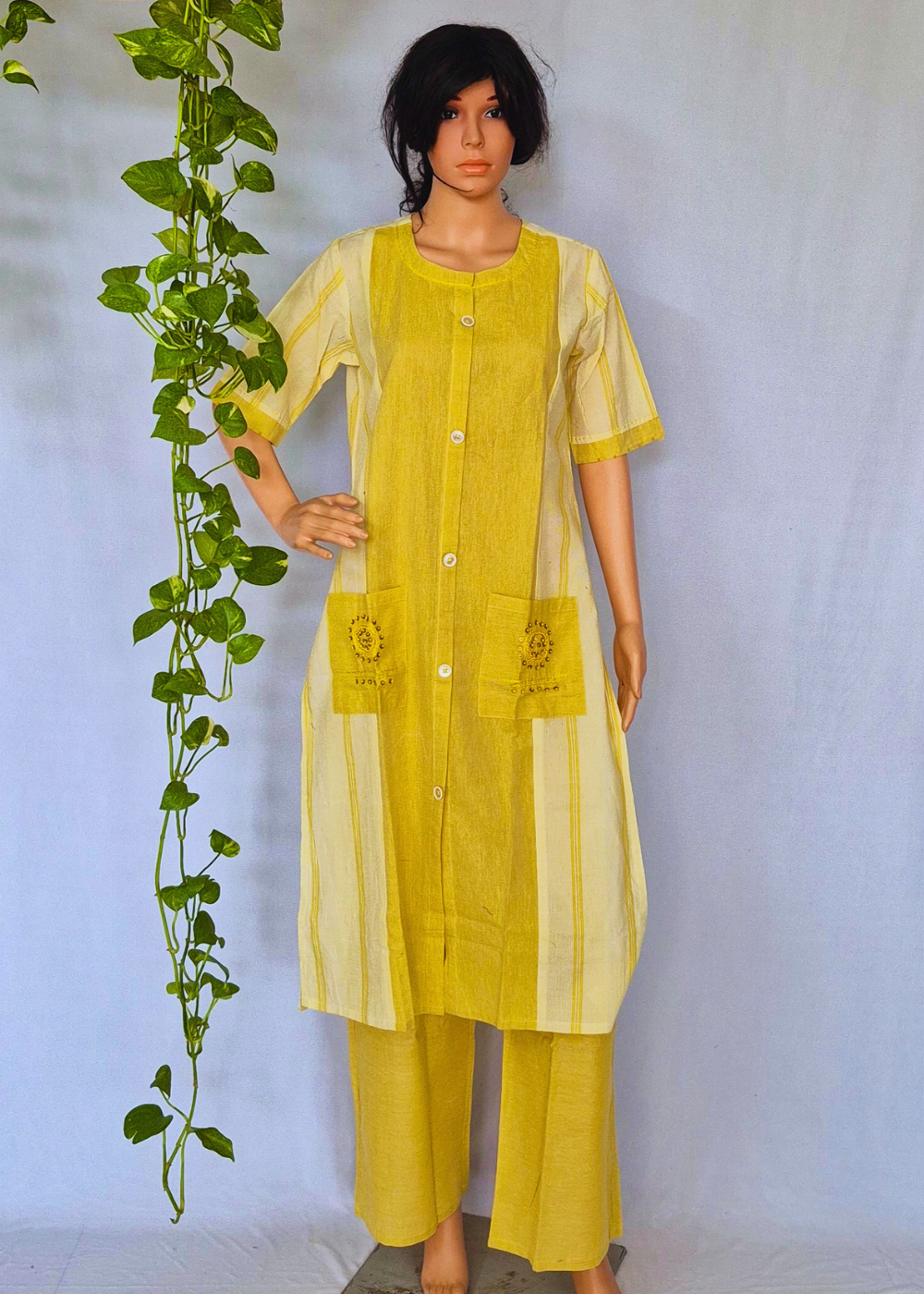 Mustard Kurta Plazo Set With Embroidery In Handloom Cotton