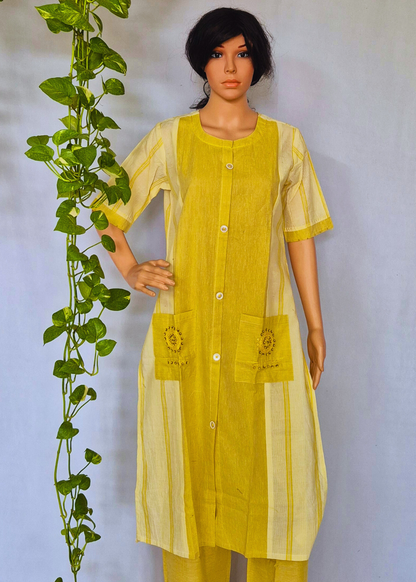 Mustard Kurta Plazo Set With Embroidery In Handloom Cotton