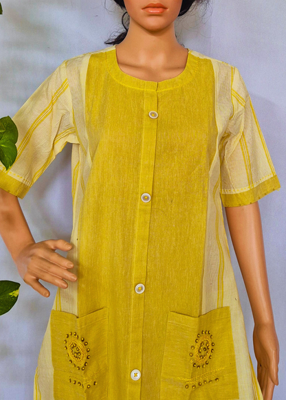 Mustard Kurta Plazo Set With Embroidery In Handloom Cotton