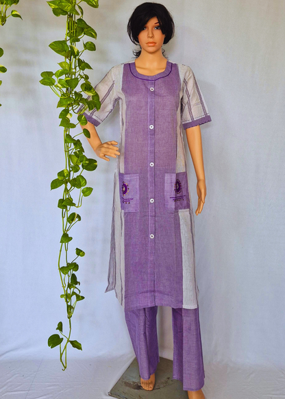 Lilak Kurta Plazo Set With Embroidery In Handloom Cotton