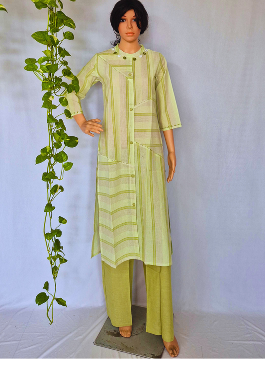 Handloom Cotton Green Kurta Plazo Set With Embroidery