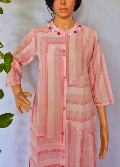 Handloom Cotton Pink Kurta Plazo Set With Embroidery