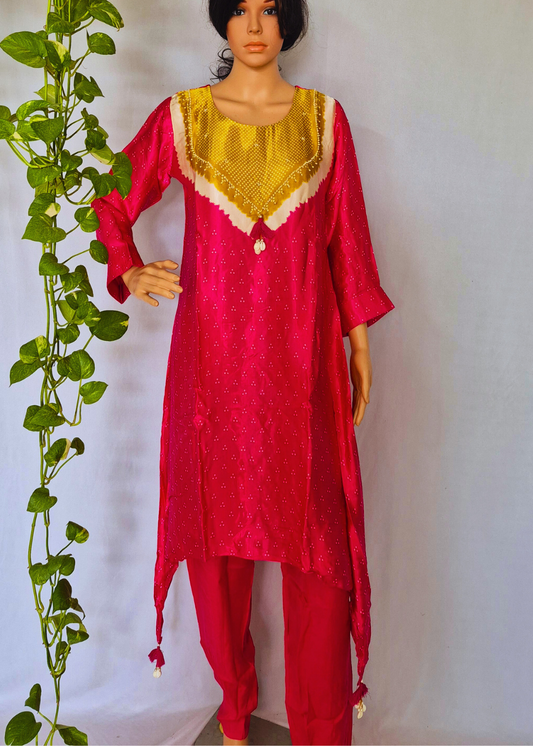Premium Gazi Silk Bandhani Kurta Set