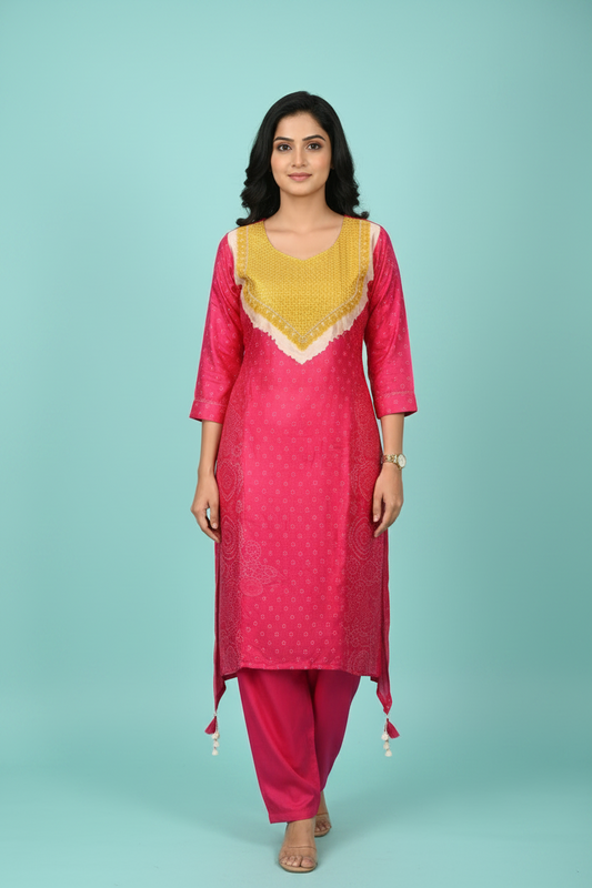 Premium Gazi Silk Bandhani Kurta Set