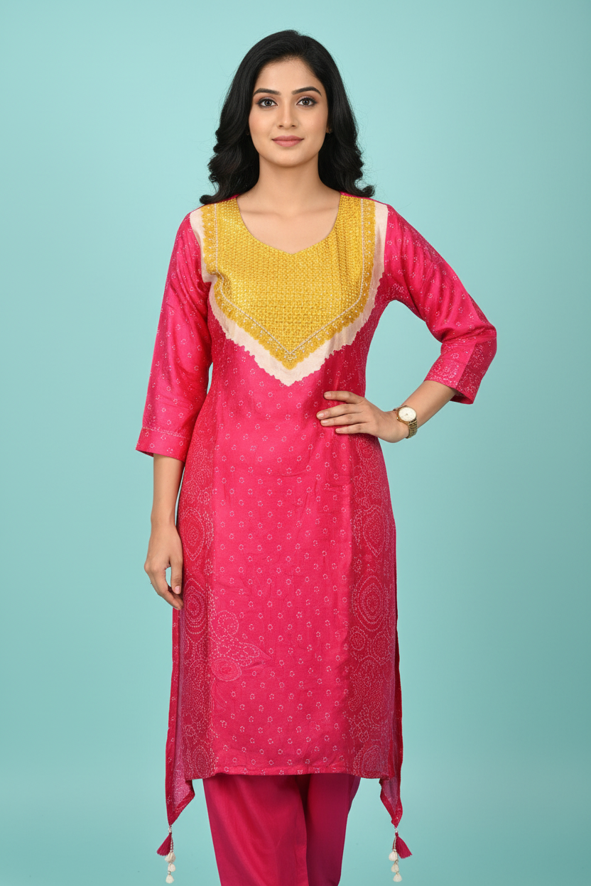Premium Gazi Silk Bandhani Kurta Set