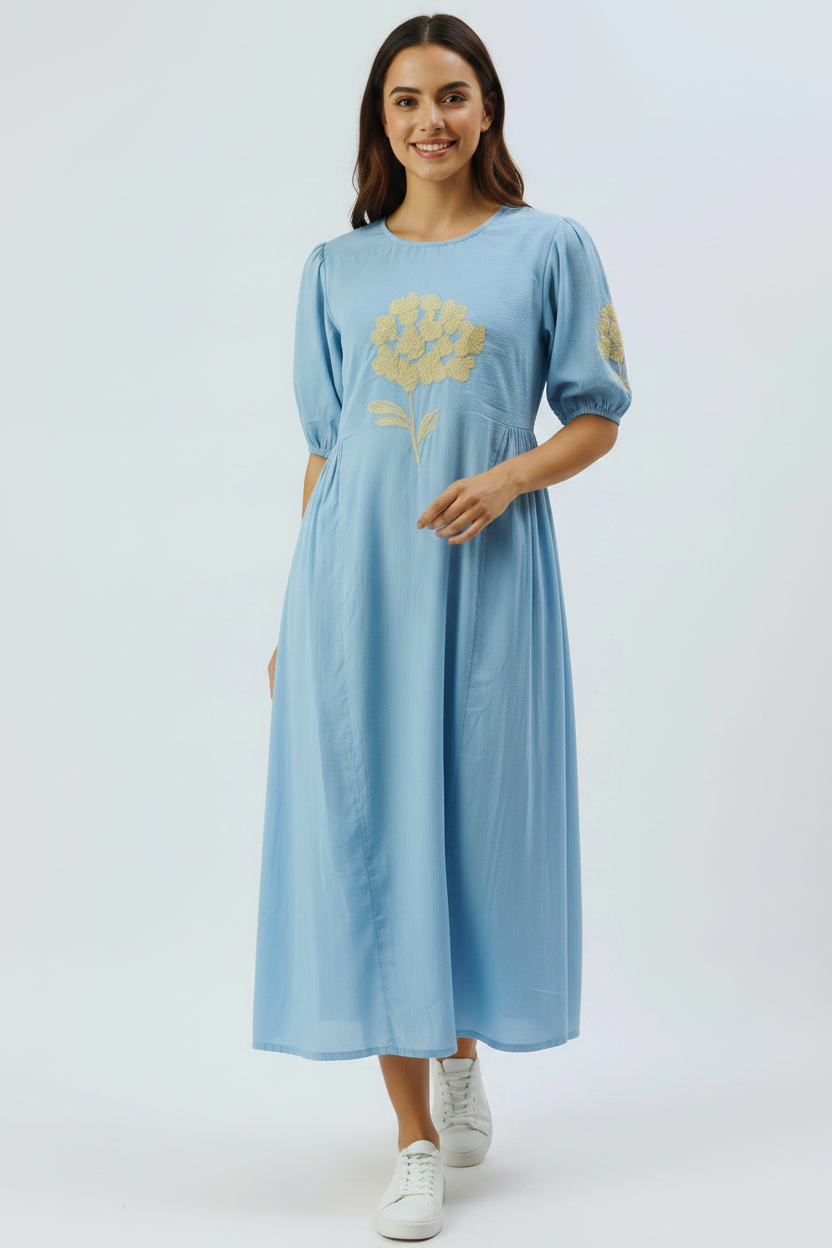 Sky Blue Cotton Dress for Women