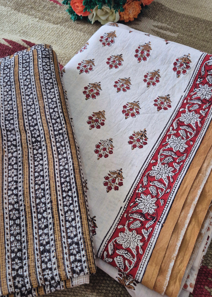 Authentic Bagru Cotton Unstitched Suit Set with Kota Doriya Dupatta