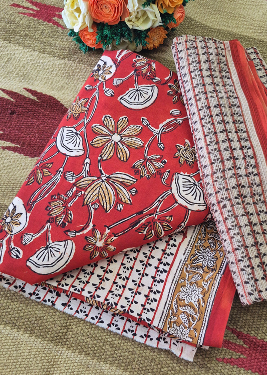 Authentic Bagru Cotton Unstitched Suit Set with Kota Doriya Dupatta