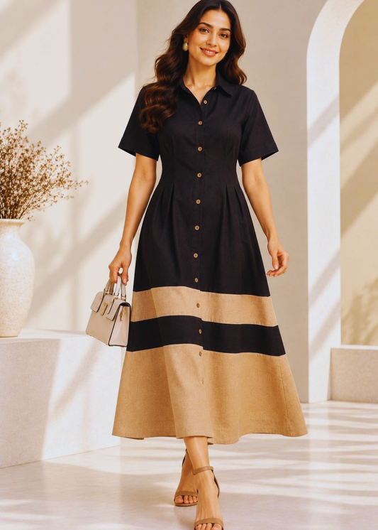 Flex Linen Slub Black Dress for Women