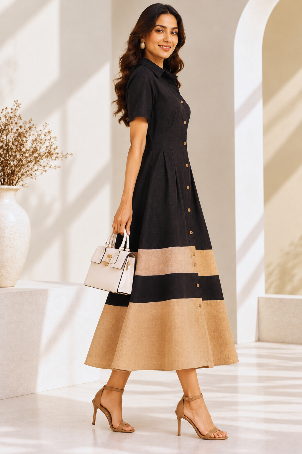 Flex Linen Slub Black Dress for Women