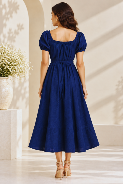 Viscose Linen Slub Blue Dress for Women