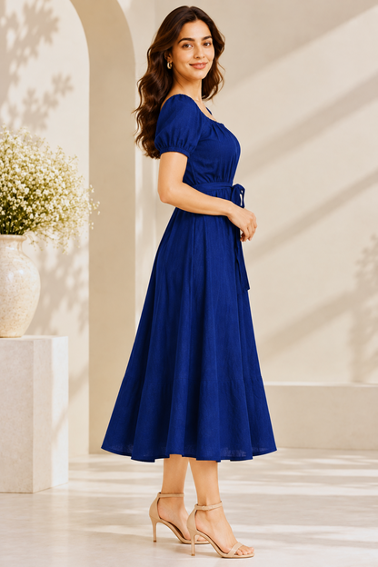 Viscose Linen Slub Blue Dress for Women