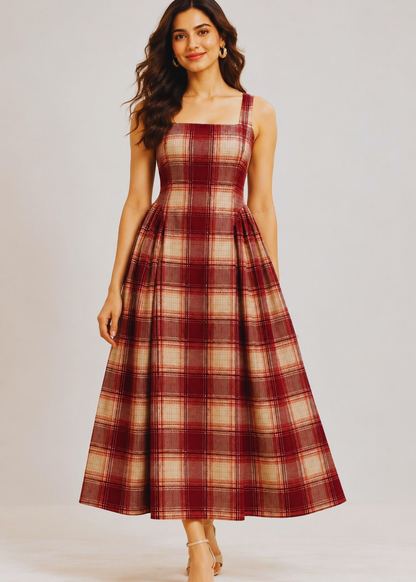 Cotton Check Rust Dress for Women