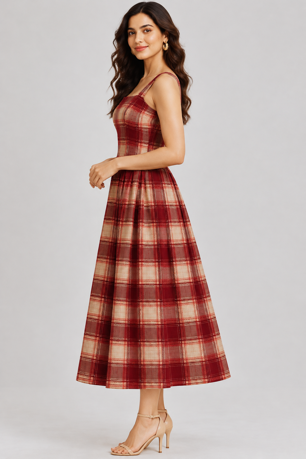 Cotton Check Rust Dress for Women
