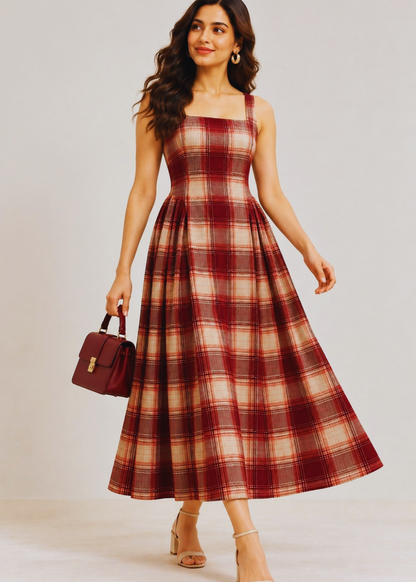 Cotton Check Rust Dress for Women