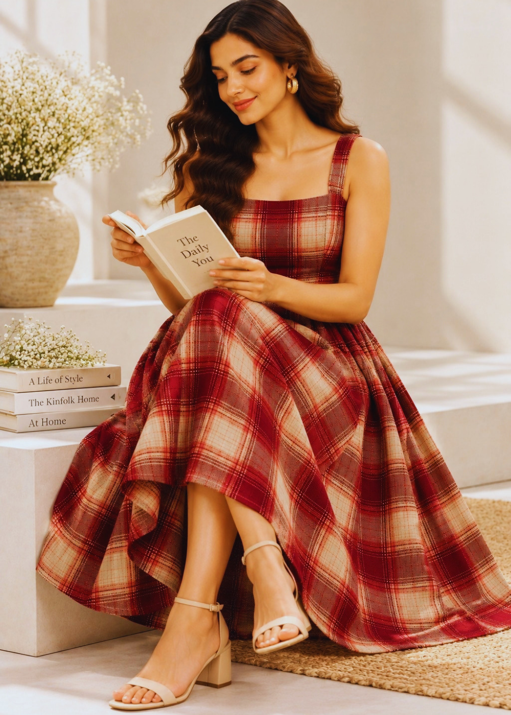 Cotton Check Rust Dress for Women