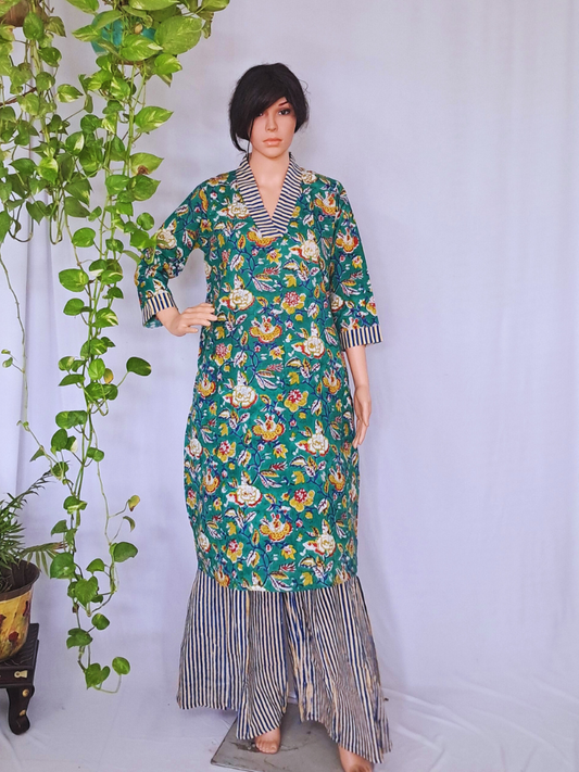 Green Floral Cotton Kurta Sets