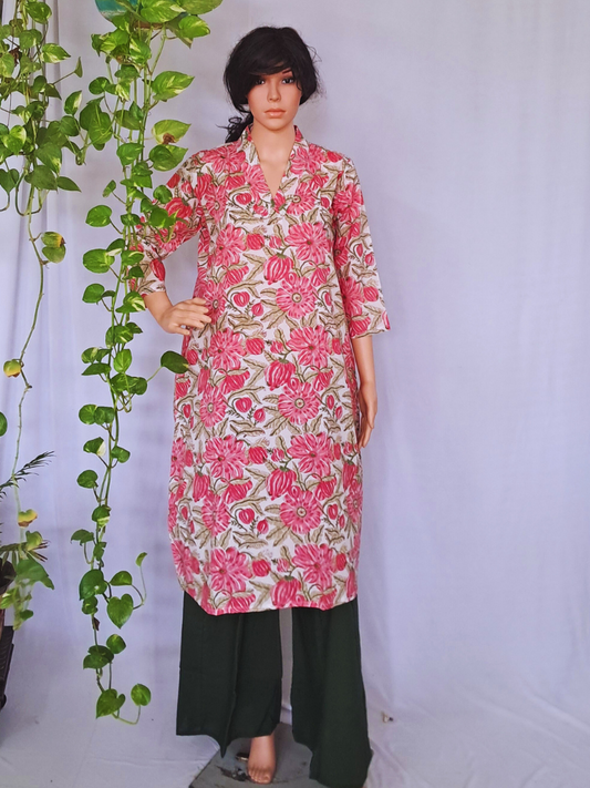 Pink Floral Cotton Kurta Sets