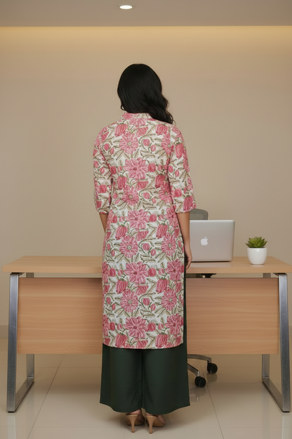 Pink Floral Cotton Kurta Sets