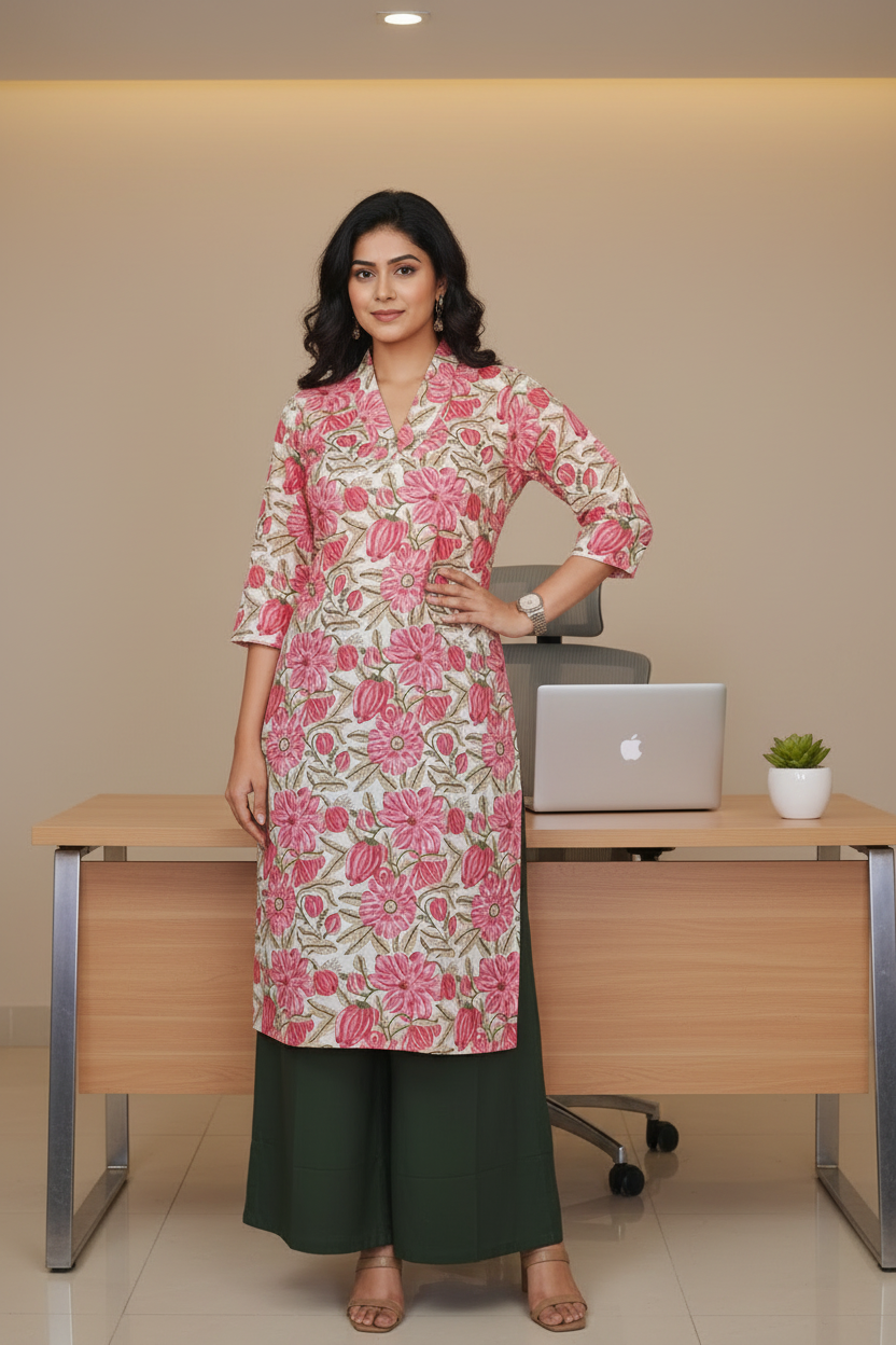 Pink Floral Cotton Kurta Sets
