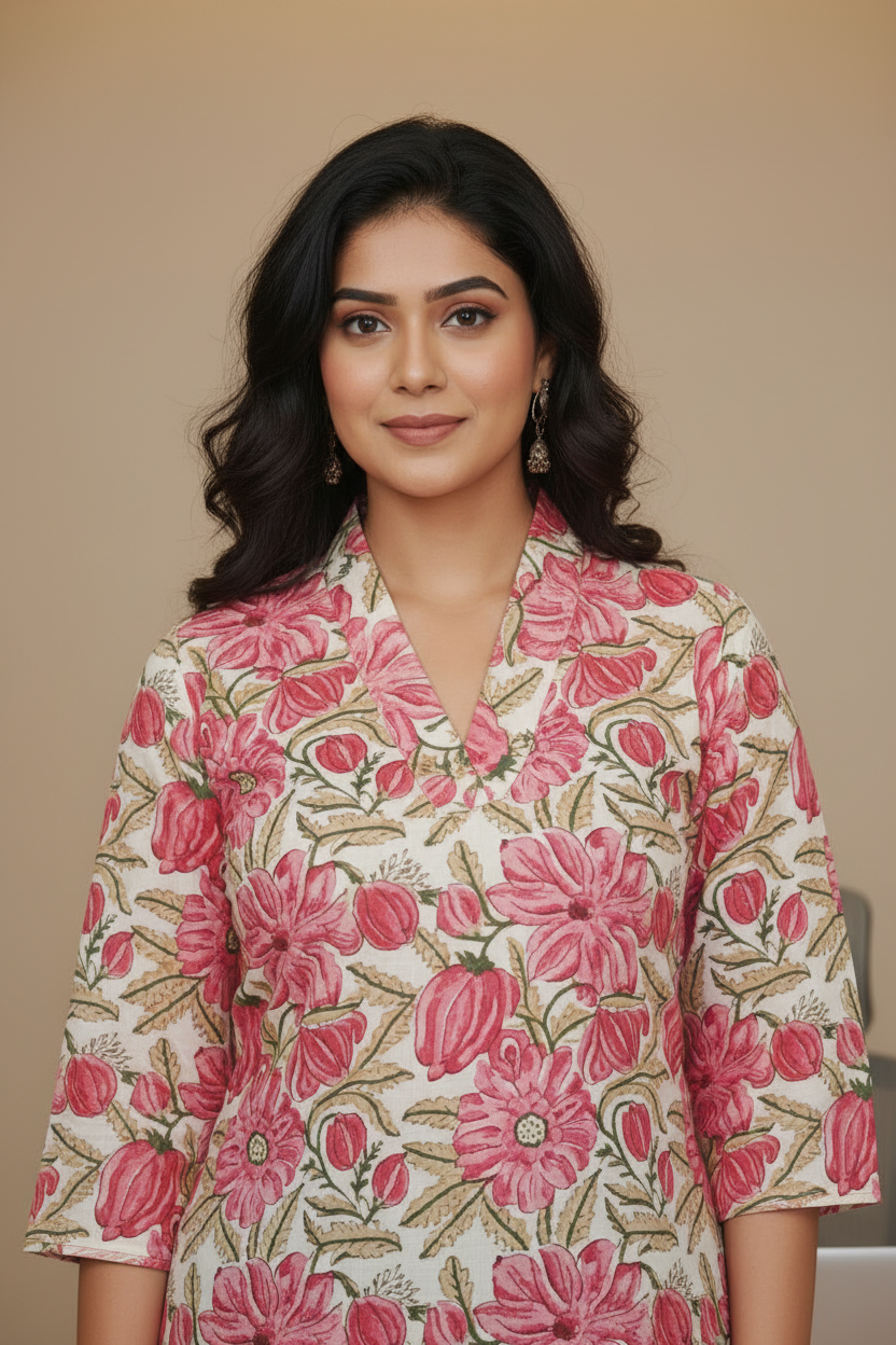 Pink Floral Cotton Kurta Sets