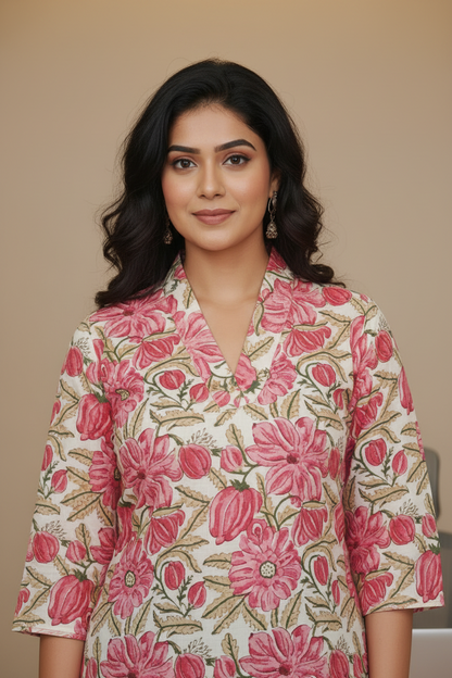 Pink Floral Cotton Kurta Sets