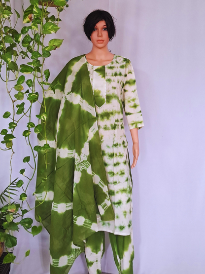 Green Premium Cotton Kurta Pant & Dupatta Set