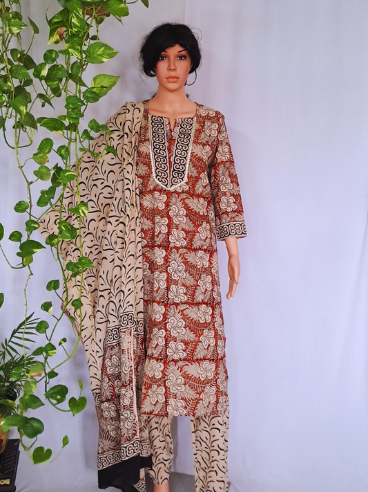 Hand Block Premium Cotton Kurta Pant & Dupatta Set