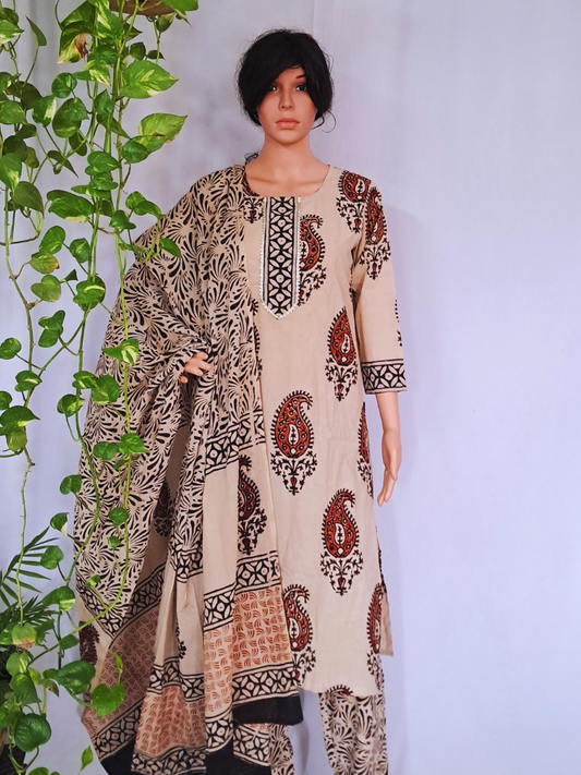 Hand Block Premium Cotton Kurta Pant & Dupatta Set