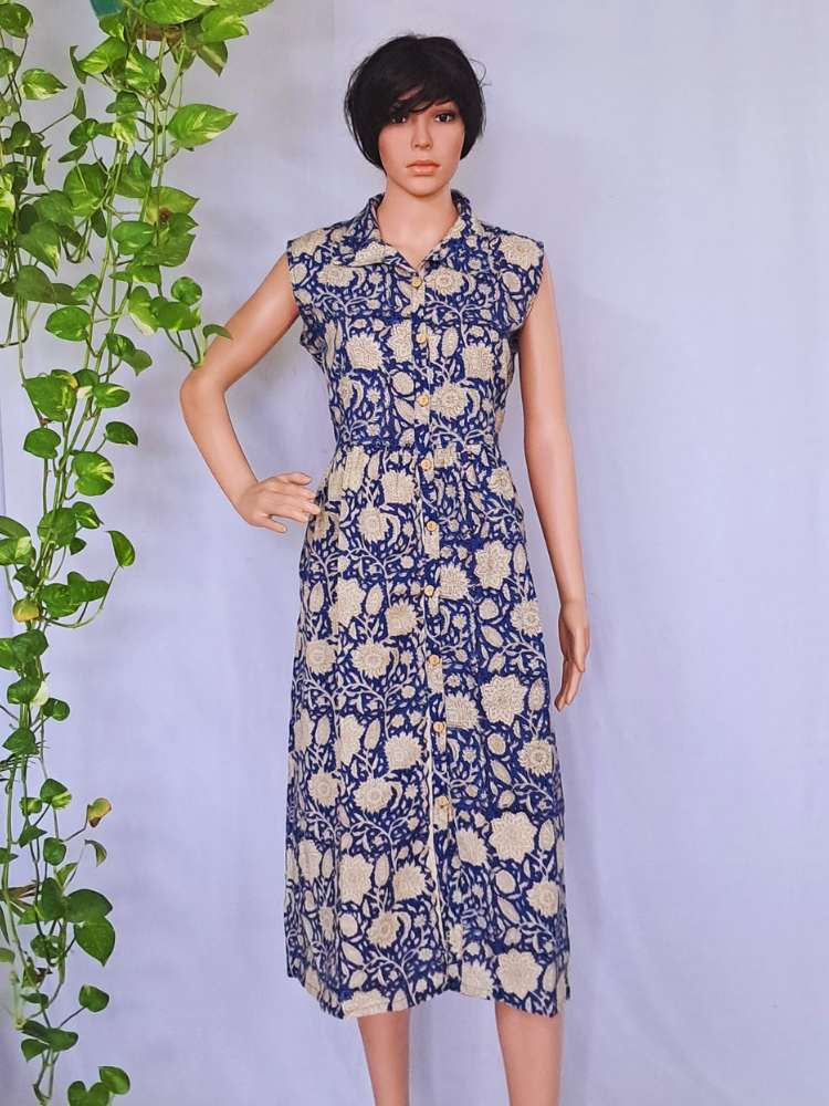 Blue Bagru Hand Block Cotton Dress