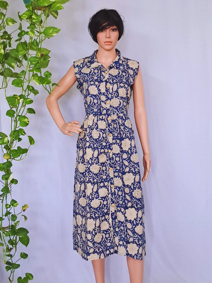 Blue Bagru Hand Block Cotton Dress