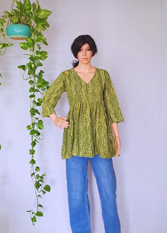 Green Cotton Frill Short Kurti