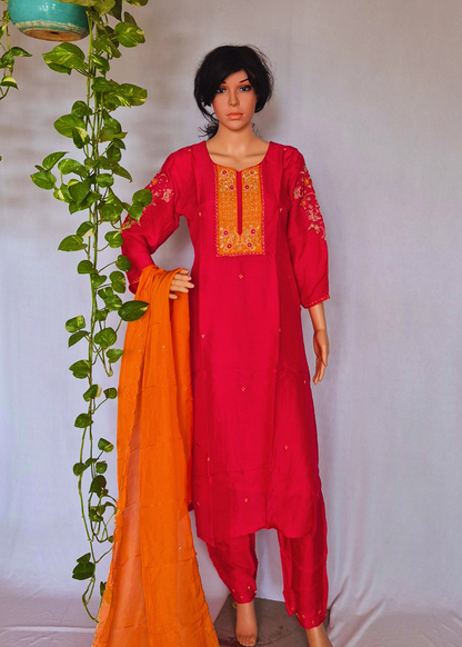 Pink Kurta Pant Dupatta Set With Hand Embroidery