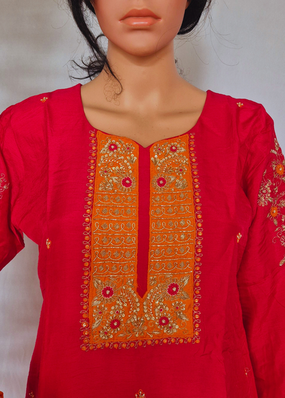 Pink Kurta Pant Dupatta Set With Hand Embroidery