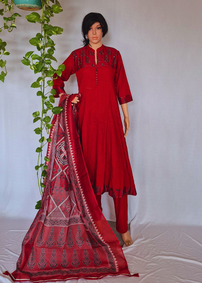 Maroon Anarkali Kurta Pant Dupatta Set