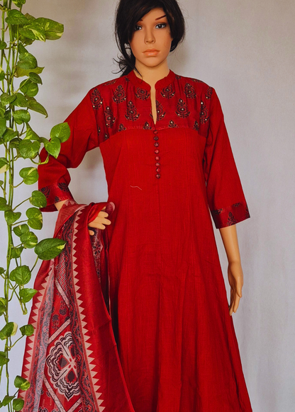 Maroon Anarkali Kurta Pant Dupatta Set