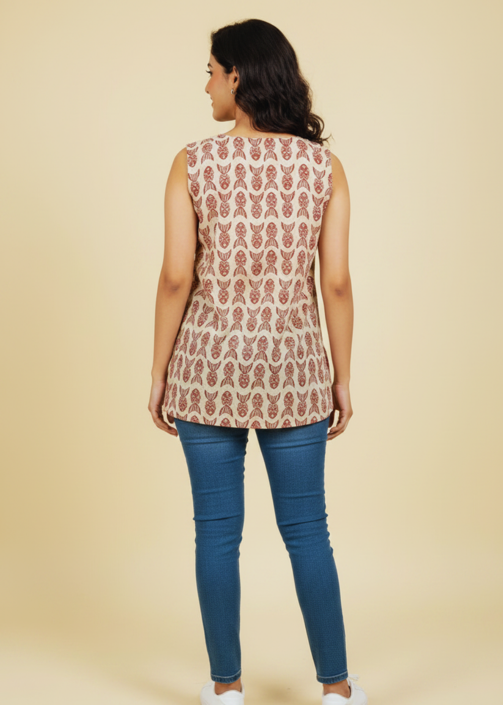 Beige Maroon Cotton Short Kurti For Jeans