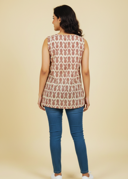 Beige Maroon Cotton Short Kurti For Jeans
