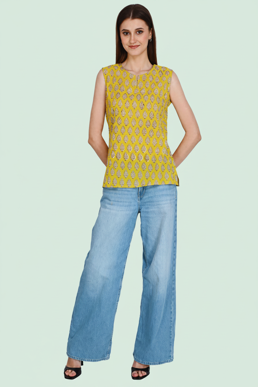 Mustard Cotton Short Kurti For Jeans