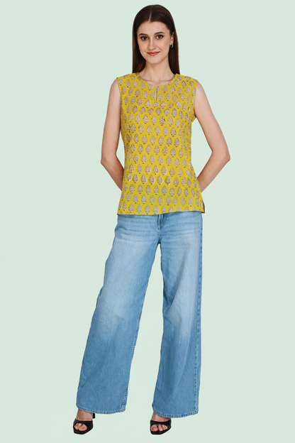 Mustard Cotton Short Kurti For Jeans