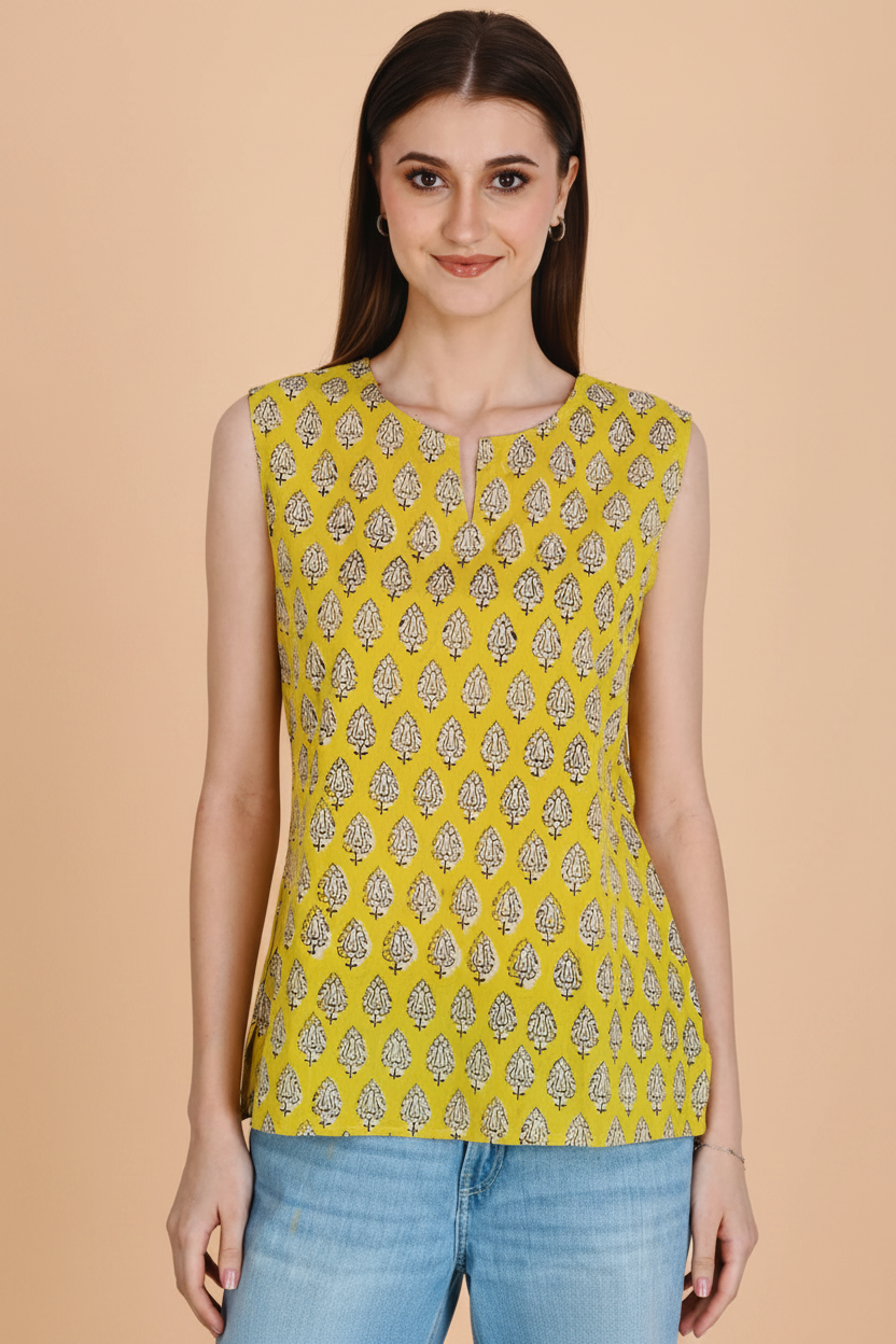Mustard Cotton Short Kurti For Jeans
